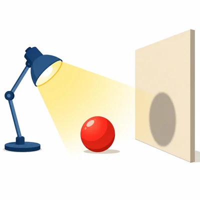 A lamp shines on a ball, casting a round shadow on a wall.