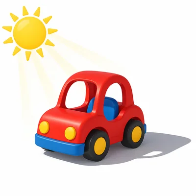 Sunlight from the left makes a toy car’s shadow fall to the right.
