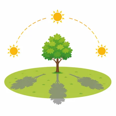 Different sun positions make a tree’s shadow change direction.