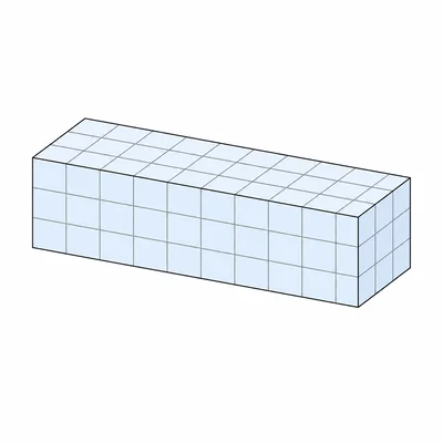 An isometric rectangular block divided into small unit cubes to illustrate volume.