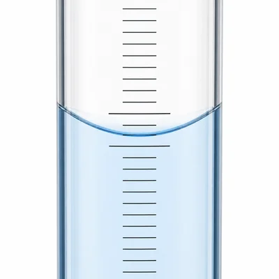 Graduated cylinder with a water meniscus halfway between two adjacent measurement marks.