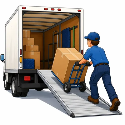 A person pushes a heavy box up a ramp into a truck.