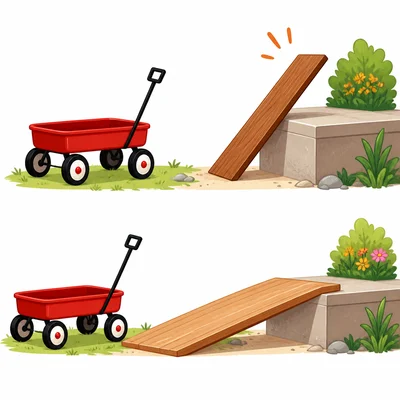 A wagon faces a steep ramp and a gentle ramp leading to a low step.