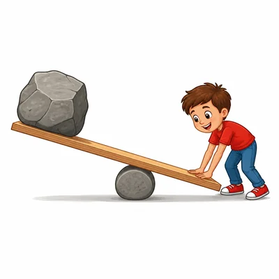 A lever lifts a heavy object while a child pushes the other end down.