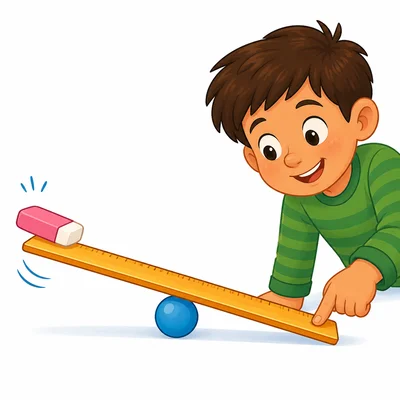 A ruler acts as a lever to lift an eraser.