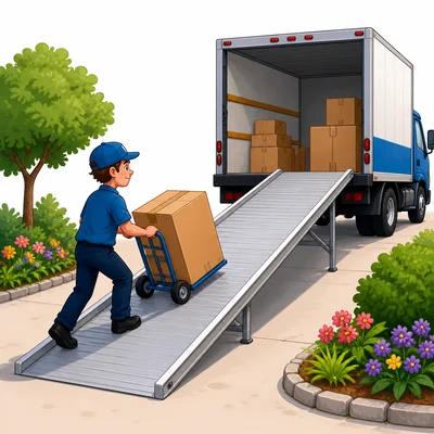 A worker moves a box up a longer ramp into a truck.