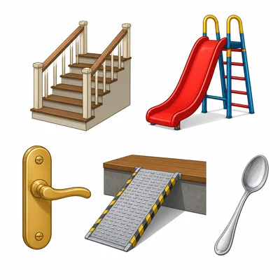 Stairs, a slide, a door handle, a loading ramp, and a spoon.