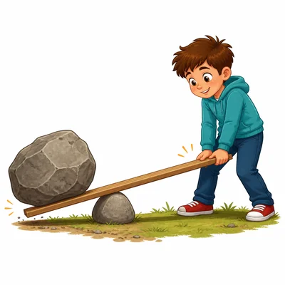 A child uses a lever to lift a heavy rock.