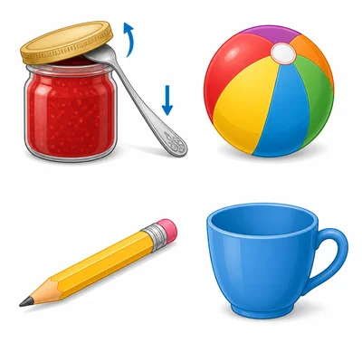Four objects: a spoon lifting a lid, a ball, a pencil, and a cup.