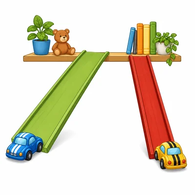 Two ramps to a shelf, one long and gentle and one short and steep.