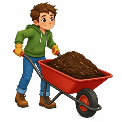 A person lifts and moves a loaded wheelbarrow by its handles.