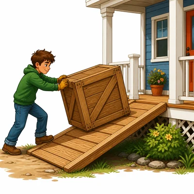 A ramp helps move a heavy crate from the ground to a porch.