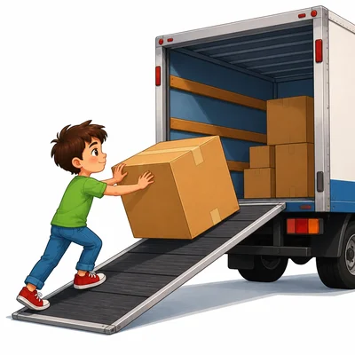 A child pushes a heavy box up a ramp into a truck.