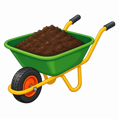 A wheelbarrow with a front wheel and back handles carries soil.
