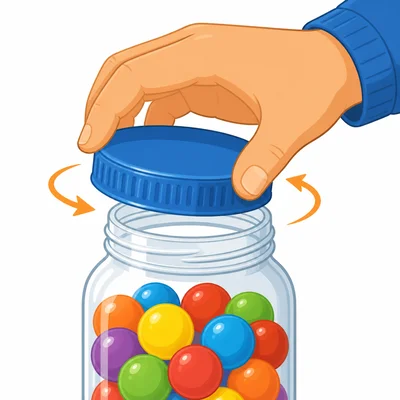 A hand twists a lid onto a jar with visible spiral threads.