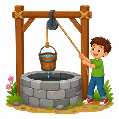 A bucket is lifted from a well using a rope and pulley.