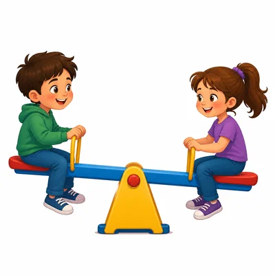 Two children sit on a playground seesaw balanced on a center support.