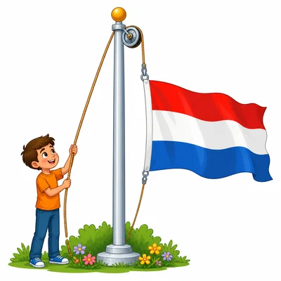 A rope runs over a pulley at the top of a flagpole to raise a flag.