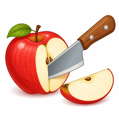 A knife with a wedge-shaped blade cuts an apple.