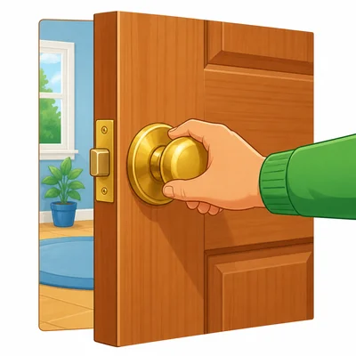 A hand turns a round doorknob to open a door.