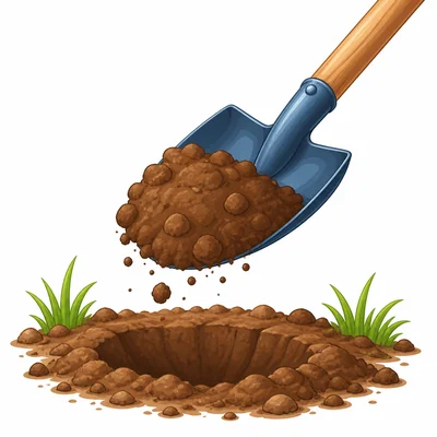 A shovel lifts a scoop of dirt from the ground.