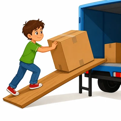 A child uses a ramp to move a heavy box more easily.