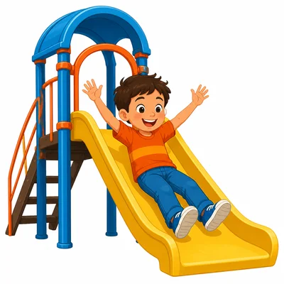 A child slides down a slanted playground slide.