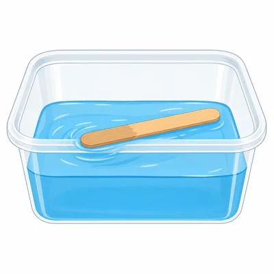 A wooden craft stick floating on water in a tub.