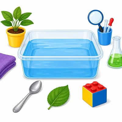 A tub of water with a spoon, leaf, and toy block ready for testing.