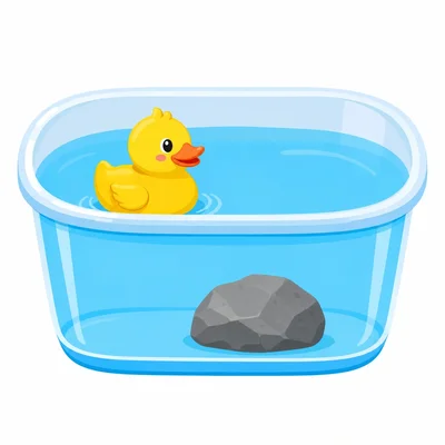 A rubber duck floating while a rock sits at the bottom of the water.