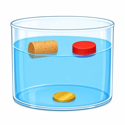 A cork and bottle cap floating, with a coin sunk at the bottom.