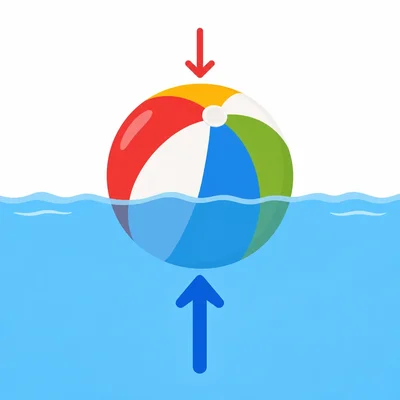 A floating ball with arrows showing upward buoyant force and downward weight.