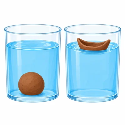 A clay ball sinking and a clay boat floating in water.