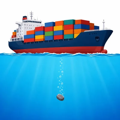 A large ship floating while a small rock sinks in water.