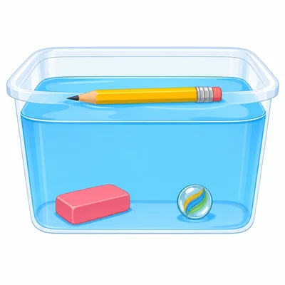 A pencil floating while an eraser and marble sink in water.