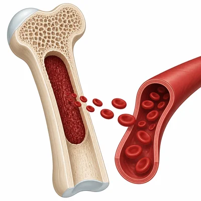 Bone marrow inside a bone producing blood cells.