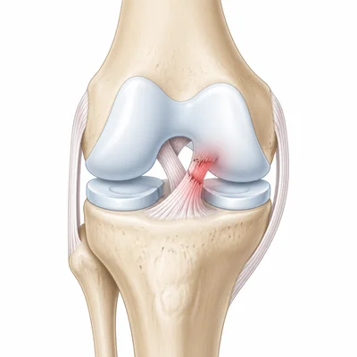 Knee joint with an injured ligament affecting stability.