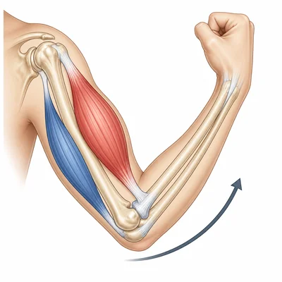 Arm bones and muscles showing how muscle contraction moves the elbow.