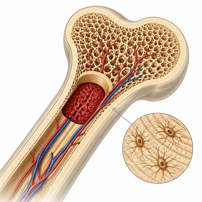 Cutaway of living bone tissue with marrow, blood vessels, and bone cells.