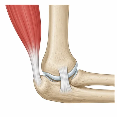 Diagram showing a tendon connecting muscle to bone and a ligament connecting bone to bone.