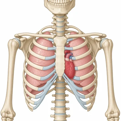 Rib cage protecting organs and vertebral column supporting the body.