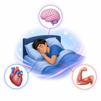 A sleeping student connected to icons of a brain, heart, and muscle to show body systems helped by sleep.