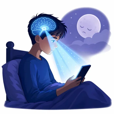 A student in bed using a glowing device, with blue light reaching the face and brain.