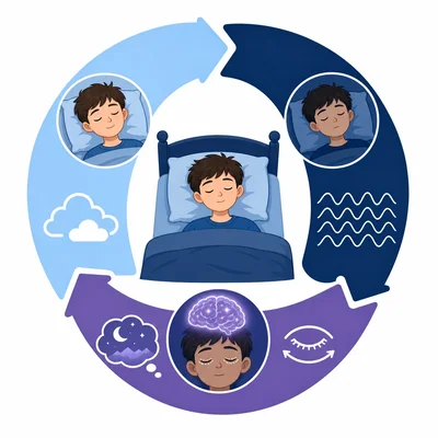 A sleeping student surrounded by a circular diagram showing light sleep, deep sleep, and REM sleep stages.