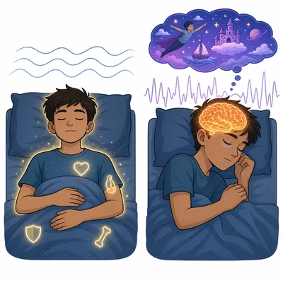 A side-by-side visual comparing deep sleep with still body repair and REM sleep with active brain and eye movement.