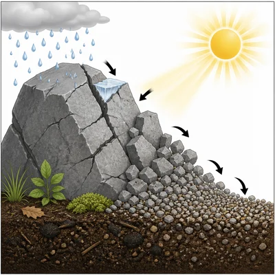 Rock breaking into small pieces and mixing with organic material to form soil.