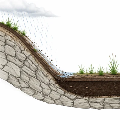 Hillside with thin soil and nearby flat area with thicker accumulated soil.