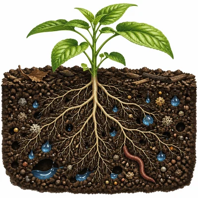 Healthy plant roots growing through rich soil with water, air spaces, minerals, and organic matter.