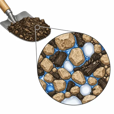 Soil cross-section showing minerals, organic matter, water, and air spaces.