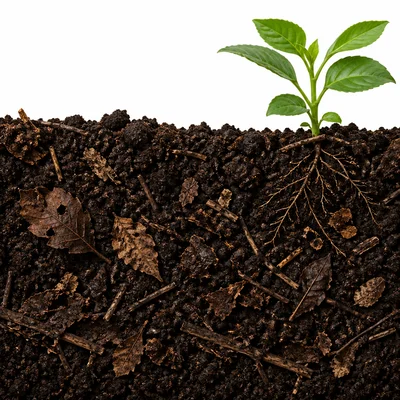 Dark soil rich in decayed leaves and organic matter.